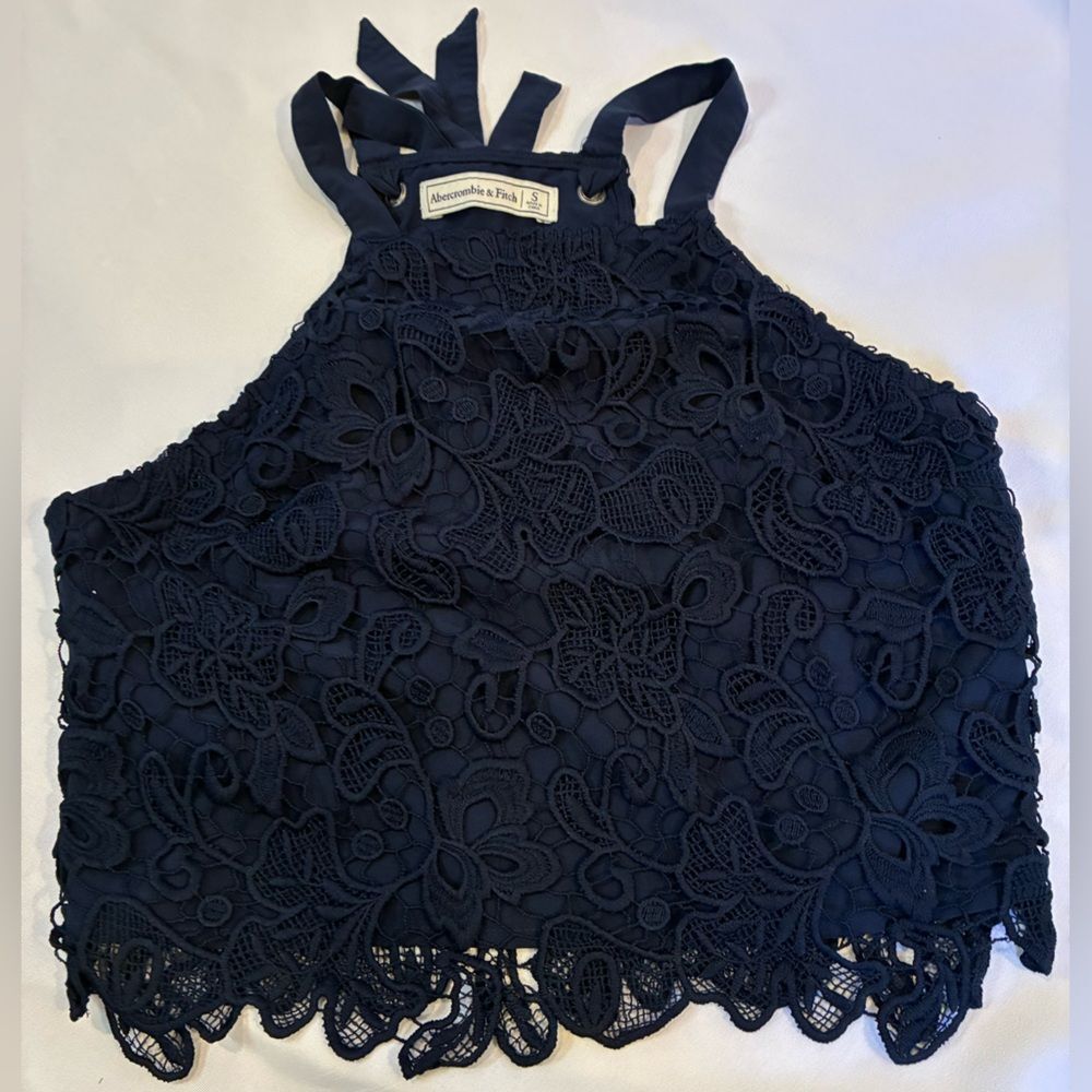 Abercrombie & Fitch Navy blue lace tie cropped top halter style size S - Picture 7 of 8